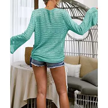 FERBIA Women Crochet Top Beach Cloth Drawstring Shirt Cover Up Oversized Sexy Beachwear Lace Up Tee Poncho