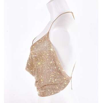 Sparkly Sexy Tops for Women Gold Deep V Neck Crop Rhinestone Tank Tops Cami Body Chain Top