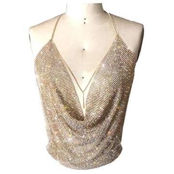 Sparkly Sexy Tops for Women Gold Deep V Neck Crop Rhinestone Tank Tops Cami Body Chain Top