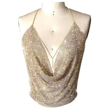 Sparkly Sexy Tops for Women Gold Deep V Neck Crop Rhinestone Tank Tops Cami Body Chain Top