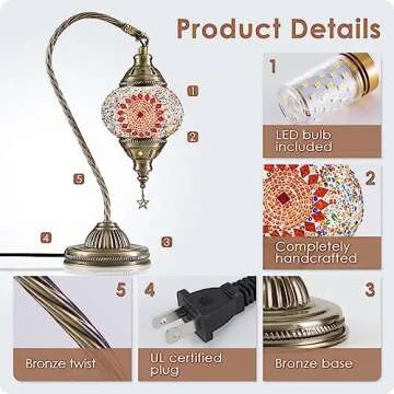 Yarra-Decor Turkish Moroccan Lamp with Bronze Base 3 Color Options Handmade Swan Neck Tiffany Mosaic Glass Bedside Lamps for Bedroom (LED Bulb Included)(4)