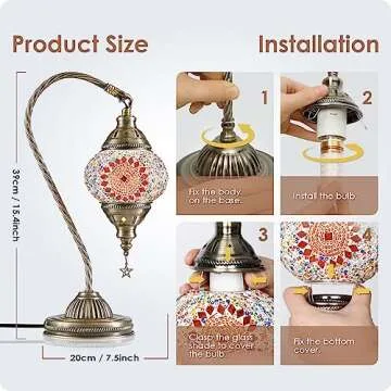Yarra-Decor Turkish Moroccan Lamp with Bronze Base 3 Color Options Handmade Swan Neck Tiffany Mosaic Glass Bedside Lamps for Bedroom (LED Bulb Included)(4)