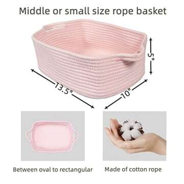 XUANGUO Woven Cotton Rope Storage Basket with Handles for Organizing Shelves Closet Small Cat Dog Pet Toy Basket Box Bin Decorative Rectangle Baby Nursery basket Gift Basket Empty Light pink