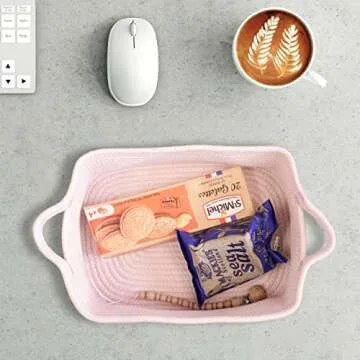 XUANGUO Woven Cotton Rope Storage Basket with Handles for Organizing Shelves Closet Small Cat Dog Pet Toy Basket Box Bin Decorative Rectangle Baby Nursery basket Gift Basket Empty Light pink