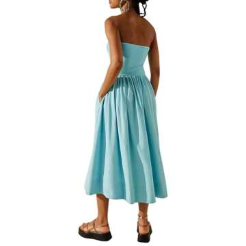 YHLZBNH Women's Summer Strapless Midi Dress 2024 Trendy Corset Tube Patchwork Ruffle Wedding Guest Party Dresses (Blue, S)