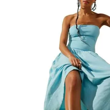 YHLZBNH Women's Summer Strapless Midi Dress 2024 Trendy Corset Tube Patchwork Ruffle Wedding Guest Party Dresses (Blue, S)