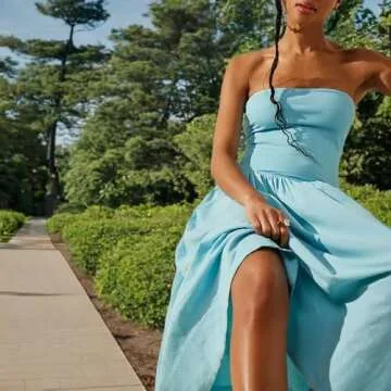 YHLZBNH Women's Summer Strapless Midi Dress 2024 Trendy Corset Tube Patchwork Ruffle Wedding Guest Party Dresses (Blue, S)