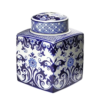 Blue and White Floral Ceramic Ginger Jar with Lid