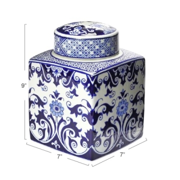 Blue and White Floral Ceramic Ginger Jar with Lid