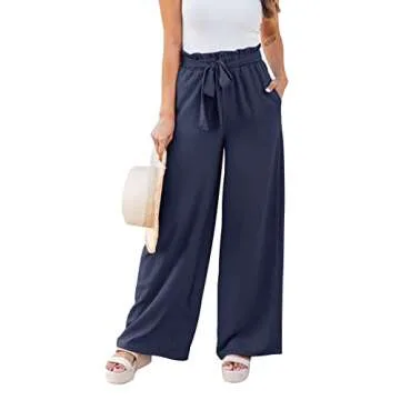 NIMIN High Waisted Wide Leg Pants for Women Summer Loose Dress Pants Comfy Business Casual Pants Flowy Beach Pants with Pockets Navy Medium