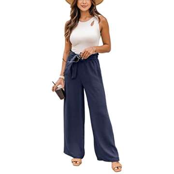 NIMIN High Waisted Wide Leg Pants for Women Summer Loose Dress Pants Comfy Business Casual Pants Flowy Beach Pants with Pockets Navy Medium