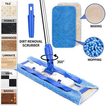 MR.SIGA Professional Microfiber Mop for Hardwood, Laminate, Tile Floor Cleaning, Stainless Steel Telescopic Handle - 3 Reusable Flat Mop Refills and 1 Dirt Removal Scrubber Included