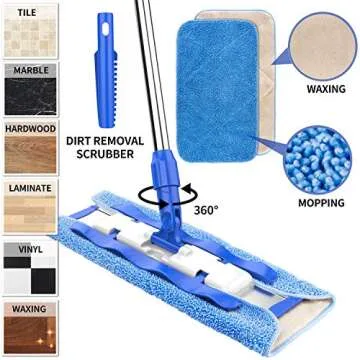 MR.SIGA Professional Microfiber Mop for Hardwood, Laminate, Tile Floor Cleaning, Stainless Steel Telescopic Handle - 3 Reusable Flat Mop Refills and 1 Dirt Removal Scrubber Included