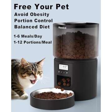 Miaosical Automatic Cat Feeder Flexible Schedule Timer,6 Meals/Day,1-12 Portions/Meal,Dual Power Auto Feeder Dry Food Dispenser with Voice Record,for Cats & Small Dogs (Black,3.6L Basic Bowl)