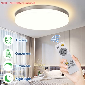 DLLT 24W Modern Dimmable Led Flush Mount Ceiling Light Fixture with Remote-13 Inch Round Close to Ceiling Lights for Bedroom/Kitchen/Dining Room Lighting, Timing, 3000K-6000K 3 Light Color Changeable