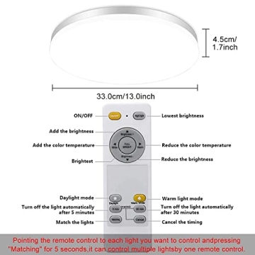 DLLT 24W Modern Dimmable Led Flush Mount Ceiling Light Fixture with Remote-13 Inch Round Close to Ceiling Lights for Bedroom/Kitchen/Dining Room Lighting, Timing, 3000K-6000K 3 Light Color Changeable
