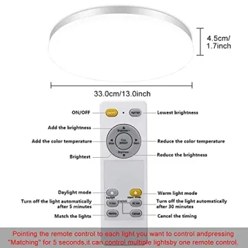 DLLT 24W Modern Dimmable Led Flush Mount Ceiling Light Fixture with Remote-13 Inch Round Close to Ceiling Lights for Bedroom/Kitchen/Dining Room Lighting, Timing, 3000K-6000K 3 Light Color Changeable