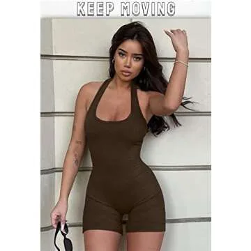 VNVNE Sexy Backless Jumpsuit for Women Summer, Sleeveless Tank Top Bodycon Short Romper (Coffee, M, m)