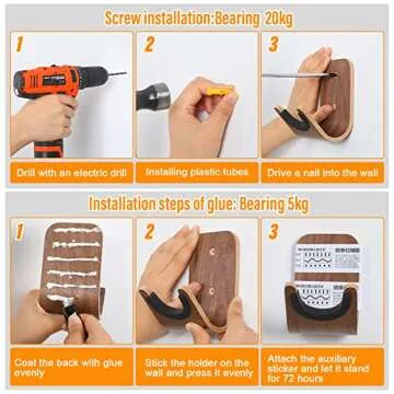 Guitar Wall Mount Holder Guitar Hanger with Pick Slot Skateboard Rack Modern Design Guitar Hook Ukulele Stand Wooden Violin Display Stand with Tool for Storage Bass Acoustic Mandolin Banjo (2 Sets)