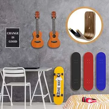 Guitar Wall Mount Holder Guitar Hanger with Pick Slot Skateboard Rack Modern Design Guitar Hook Ukulele Stand Wooden Violin Display Stand with Tool for Storage Bass Acoustic Mandolin Banjo (2 Sets)