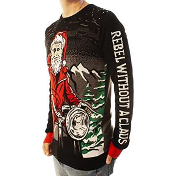 Ugly Christmas Party Sweater Unisex Rebel Without a Claus Santa on Motorcycle-XL Rebel Black