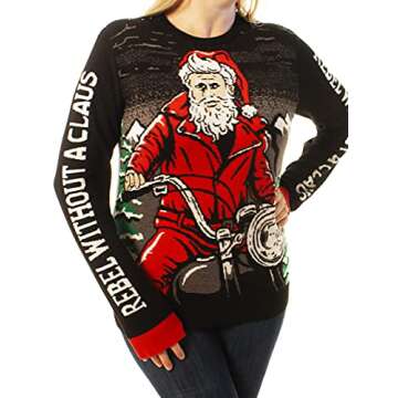 Ugly Christmas Party Sweater Unisex Rebel Without a Claus Santa on Motorcycle-XL Rebel Black