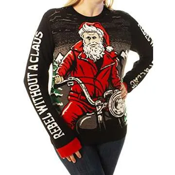 Ugly Christmas Party Sweater Unisex Rebel Without a Claus Santa on Motorcycle-XL Rebel Black