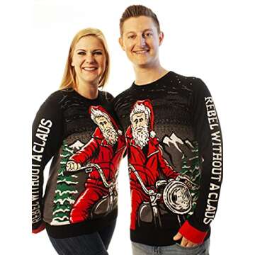 Ugly Christmas Party Sweater Unisex Rebel Without a Claus Santa on Motorcycle-XL Rebel Black