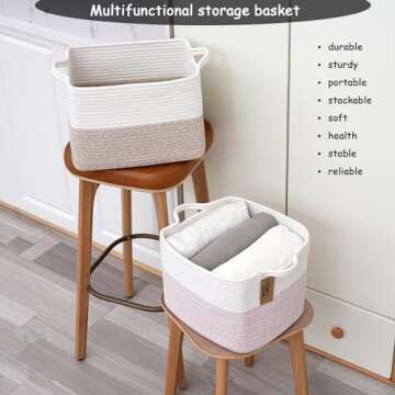 COMFY-HOMI Cotton Rope Woven Basket with Handles for Shelves,Toys,Book, Cloth Storage Baskets for Organizing-13.5" x 11" x 9.5" Toy Decorative Organizer for Living Room, Bathroom （White/Brown）