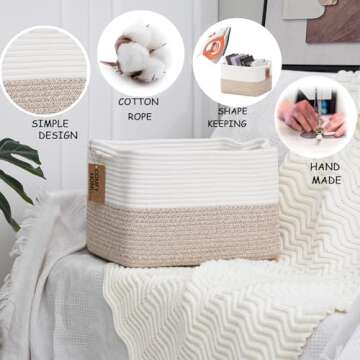 COMFY-HOMI Cotton Rope Woven Basket with Handles for Shelves,Toys,Book, Cloth Storage Baskets for Organizing-13.5" x 11" x 9.5" Toy Decorative Organizer for Living Room, Bathroom （White/Brown）