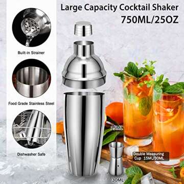 18 Piece Cocktail Shaker Set, Stainless Steel Bartender Kit with Bamboo Stand, 25oz Martini Shaker, Muddler, Mixing Spoon, Measuring Jigger, Corkscrew, Pourers, Ice Tongs, Professional Home Bar Tools