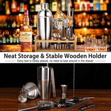 18 Piece Cocktail Shaker Set, Stainless Steel Bartender Kit with Bamboo Stand, 25oz Martini Shaker, Muddler, Mixing Spoon, Measuring Jigger, Corkscrew, Pourers, Ice Tongs, Professional Home Bar Tools