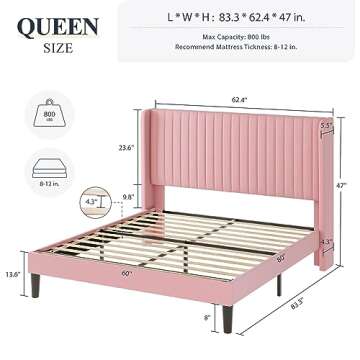 Allewie Queen Size Velvet Bed Frame/Vertical Channel Tufted Wingback Headboard/Upholstered Platform ...