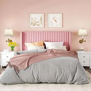 Allewie Queen Size Velvet Bed Frame/Vertical Channel Tufted Wingback Headboard/Upholstered Platform Bed/Strong Wooden Slats/No Box Spring Needed/Easy Assembly/Pink