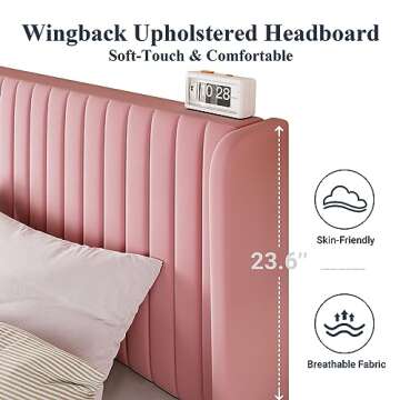 Allewie Queen Size Velvet Bed Frame/Vertical Channel Tufted Wingback Headboard/Upholstered Platform Bed/Strong Wooden Slats/No Box Spring Needed/Easy Assembly/Pink