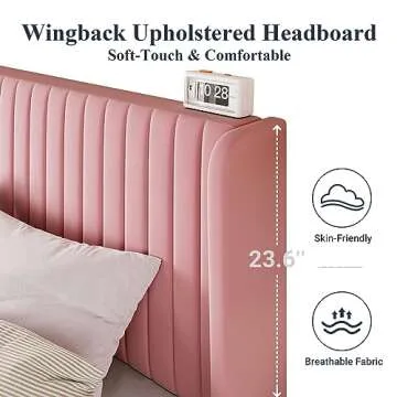 Allewie Queen Size Velvet Bed Frame/Vertical Channel Tufted Wingback Headboard/Upholstered Platform Bed/Strong Wooden Slats/No Box Spring Needed/Easy Assembly/Pink