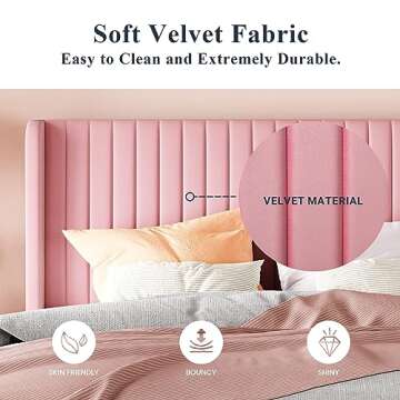 Allewie Queen Size Velvet Bed Frame/Vertical Channel Tufted Wingback Headboard/Upholstered Platform Bed/Strong Wooden Slats/No Box Spring Needed/Easy Assembly/Pink