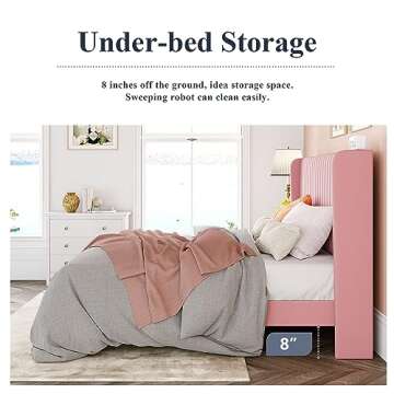 Allewie Queen Size Velvet Bed Frame/Vertical Channel Tufted Wingback Headboard/Upholstered Platform Bed/Strong Wooden Slats/No Box Spring Needed/Easy Assembly/Pink