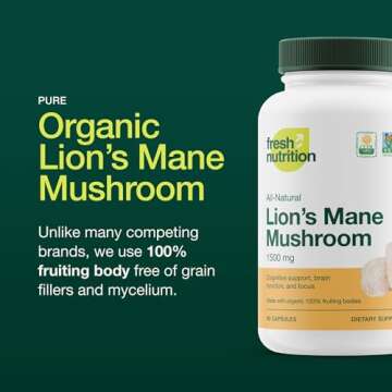 Fresh Nutrition Organic Lions Mane Mushroom Capsules - Strongest DNA Verified Formula - Rich in Alpha Glucan - Powerful Superfood Supplement - Brain, Immune System Benefits - Vegan Friendly