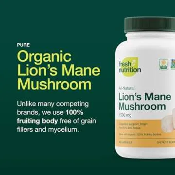 Fresh Nutrition Organic Lions Mane Mushroom Capsules - Strongest DNA Verified Formula - Rich in Alpha Glucan - Powerful Superfood Supplement - Brain, Immune System Benefits - Vegan Friendly