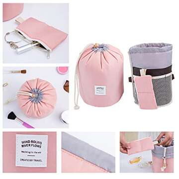 INVODA Cosmetic Bag for Women Barrel Shaped Travel Makeup Bags Large Capacity Soft Waterproof Portable Drawstring Cosmetic Bag Multifunctional Bucket Toiletry Bag (Pink)