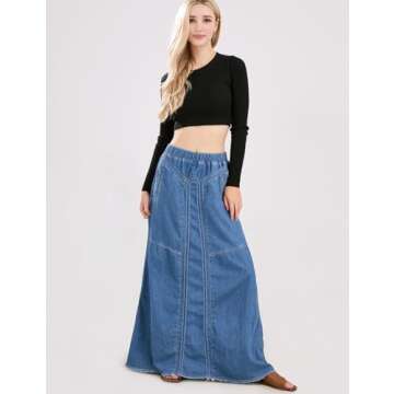 ebossy Women's Casual Elastic Waist Frayed Hem A-Line Distressed Hippie Long Maxi Denim Skirt (Medium, Blue)