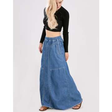 ebossy Women's Casual Elastic Waist Frayed Hem A-Line Distressed Hippie Long Maxi Denim Skirt (Medium, Blue)