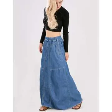 ebossy Women's Casual Elastic Waist Frayed Hem A-Line Distressed Hippie Long Maxi Denim Skirt (Medium, Blue)