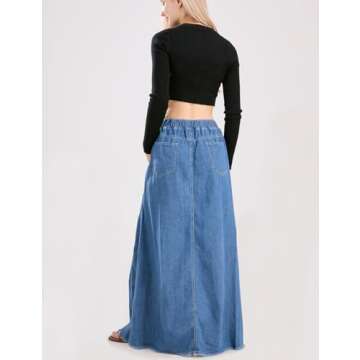 ebossy Women's Casual Elastic Waist Frayed Hem A-Line Distressed Hippie Long Maxi Denim Skirt (Medium, Blue)