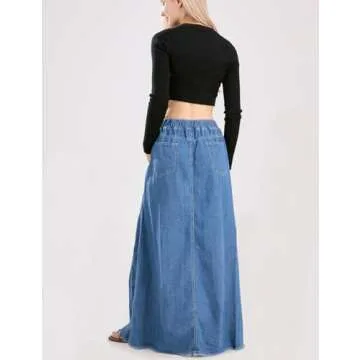 ebossy Women's Casual Elastic Waist Frayed Hem A-Line Distressed Hippie Long Maxi Denim Skirt (Medium, Blue)