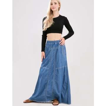 ebossy Women's Casual Elastic Waist Frayed Hem A-Line Distressed Hippie Long Maxi Denim Skirt (Medium, Blue)