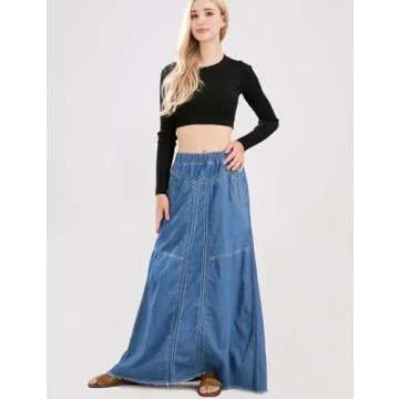 ebossy Women's Casual Elastic Waist Frayed Hem A-Line Distressed Hippie Long Maxi Denim Skirt (Medium, Blue)