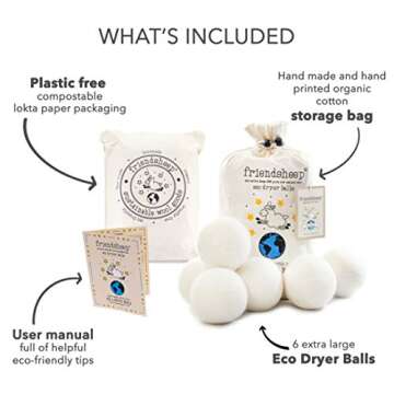 Wool Dryer Balls by Friendsheep 6 Pack XL Organic Premium Reusable Cruelty Free Handmade Fair Trade No Lint Fabric Softener White - "Creamy White"