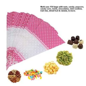 FTVOGUE 50 Piece Clear Cone-Shaped Treat Popcorn Bags Treat Bags Cellophane Candy Bags with Twist Ties(Pink)
